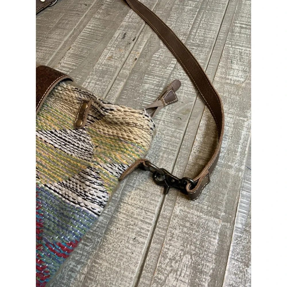 Myra Bag Angle Tangle Leather Cotton Canvas Shoulder Crossbody W/Pockets Purse
